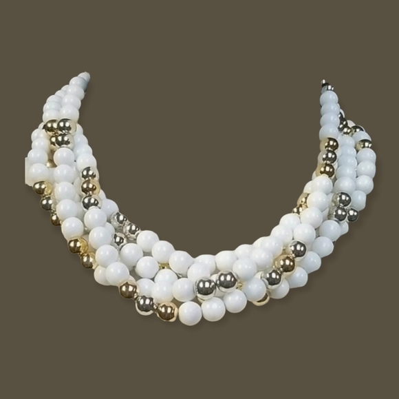 Vintage 1950s Mid Century Choker Beaded Gold & Silver Tone Multi-Strand Necklace - Picture 4 of 15